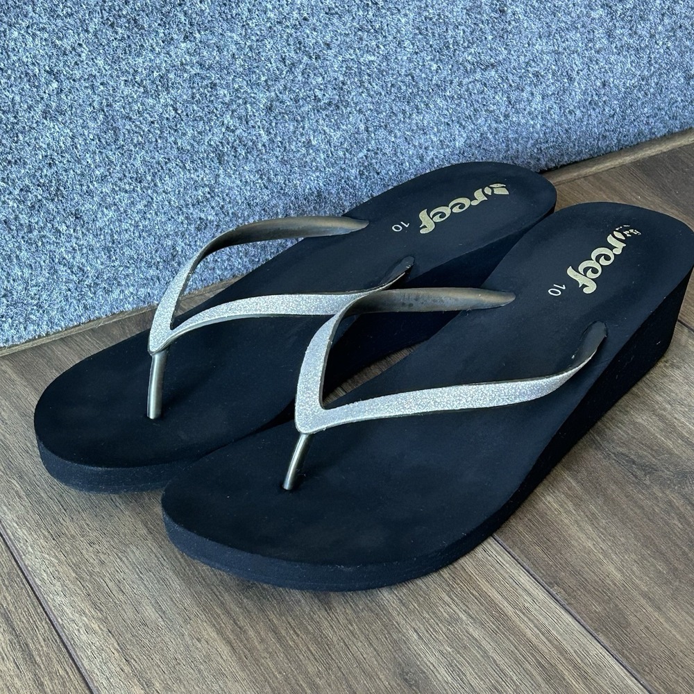 Reef Krystal Star Wedge Platform Flip Flop - Women's 10 Black/Silver EUC